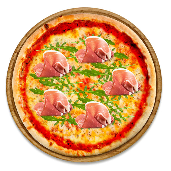 Pizza Fabrizio – Pizza mit Prosciutto, Rucola und Kirschtomaten